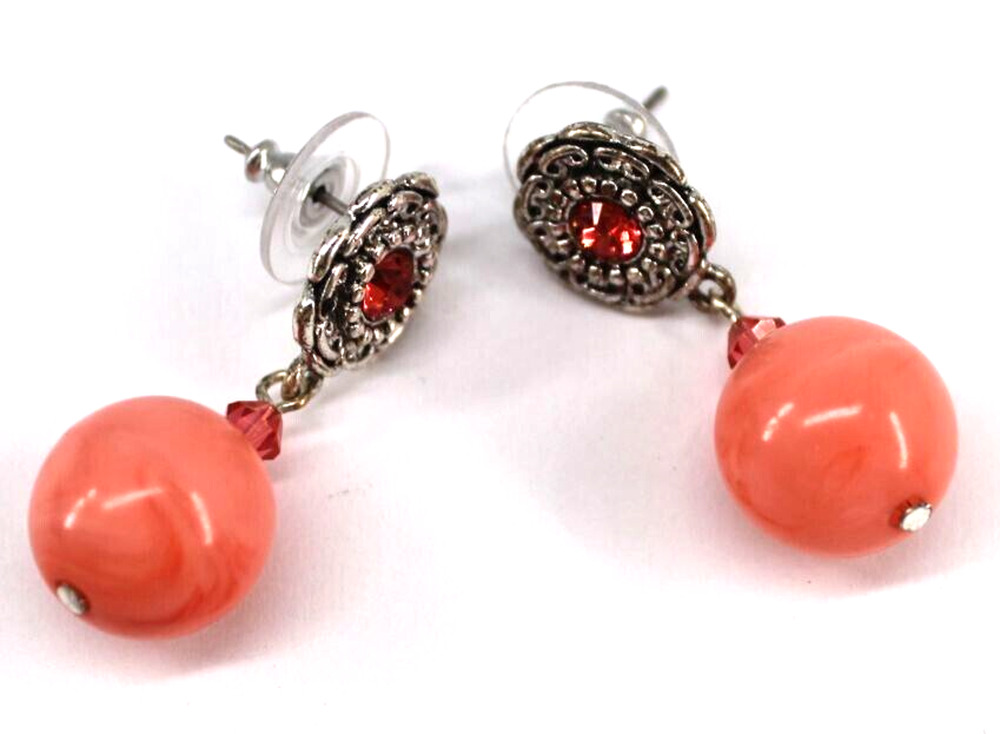 Coral Orange Ball Earrings • Rhinestone Silvertone Flower • Post • 1.25" Dangle
